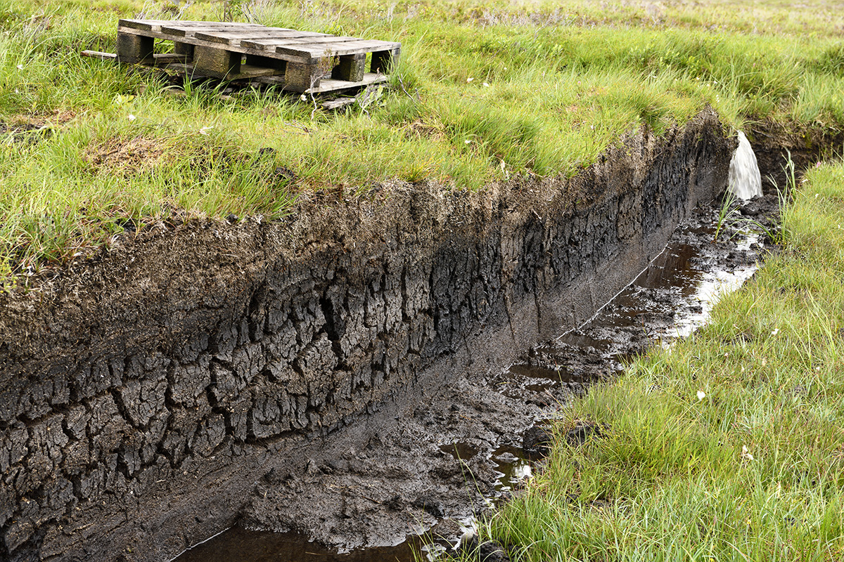 Peat trench ready as part of a peat mapping survey using ground radar to provide high-resolution images of the deposit beneath discrete profiles or with a resistivity survey