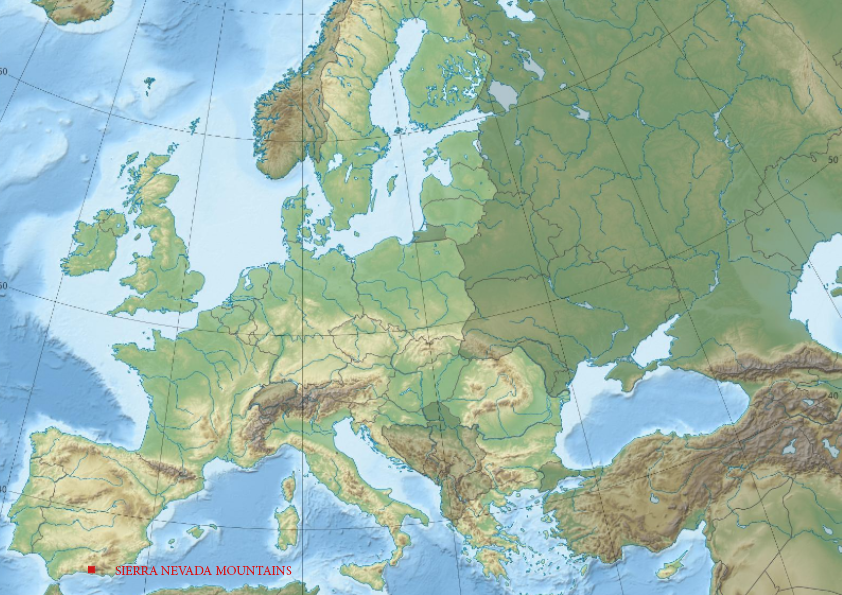 Relief map of Europe showing high mountains affected by climate change. A map of Europe showing the location of the Sierra Nevada mountain range. Courtesy of free maps at https://mapswire.com/countries/spain/. 